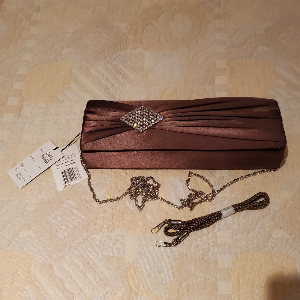 Sasha clutch satin-like fabric with broach decor; bronze color